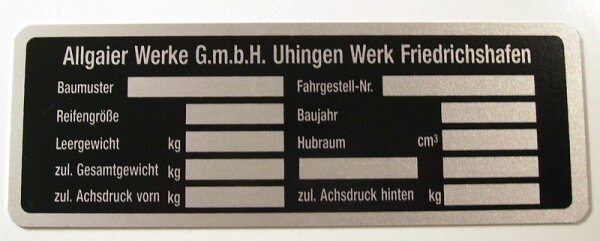 Typenschild Allgaier Werke