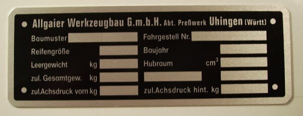 Typenschild Allgaier Werkzeugbau